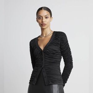 WHO WHAT‎ WEAR Black Ruched Button Front Long Sleeve Blouse Size L